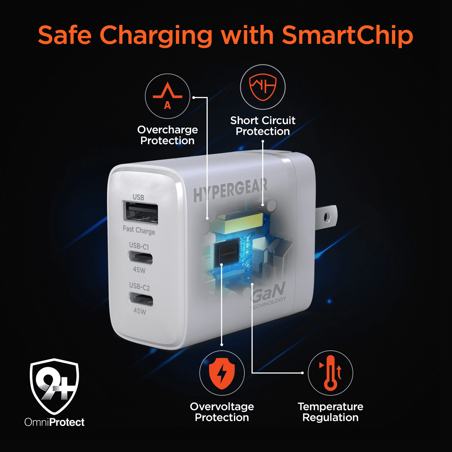 HyperGear SpeedBoost 45W USB-C PD Tri-Port GaN Fast Wall Charger with PPS and 6ft USB-C Cable